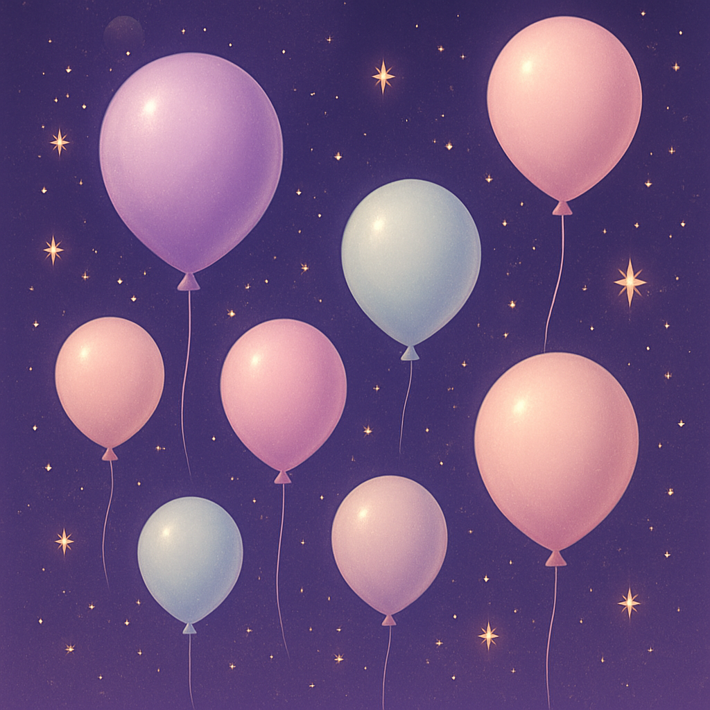 Floating pastel balloons in a starry sky